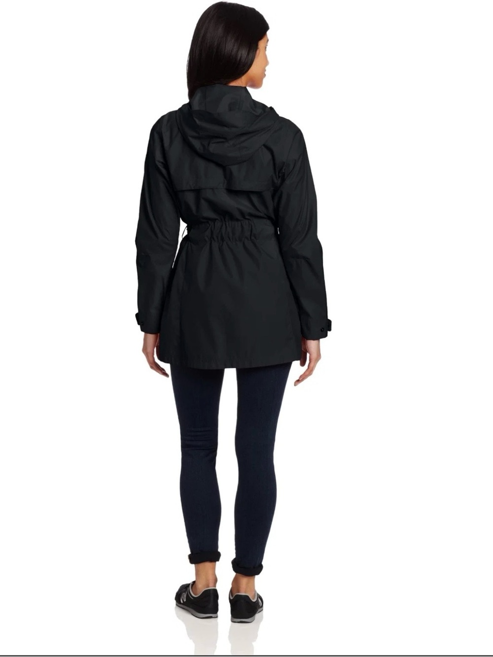Women's Black Hooded Trench Coat with Elastic Waist